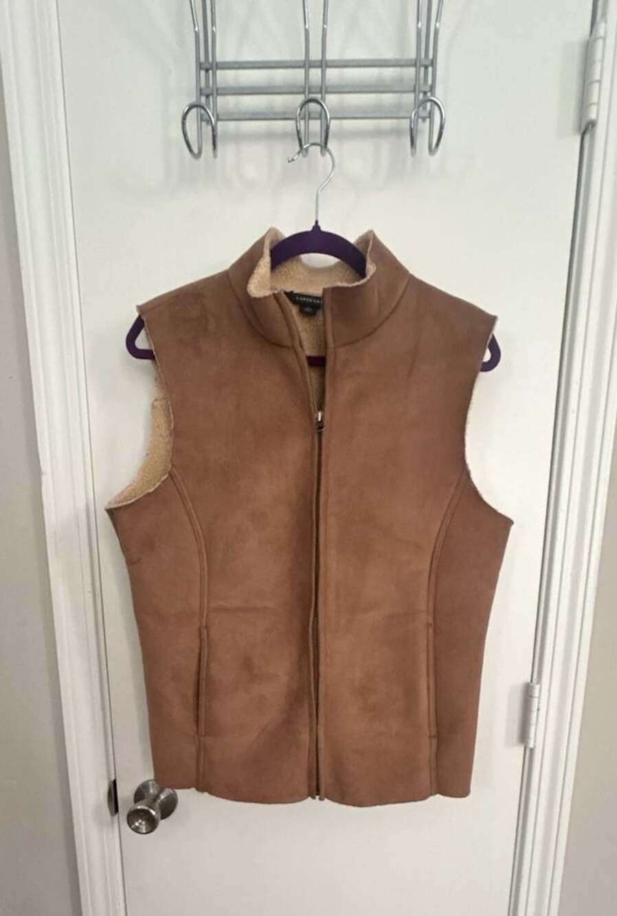 Lands' End Faux Suede Sherpa Lined Vest Size 10-12 Brown Full Zip